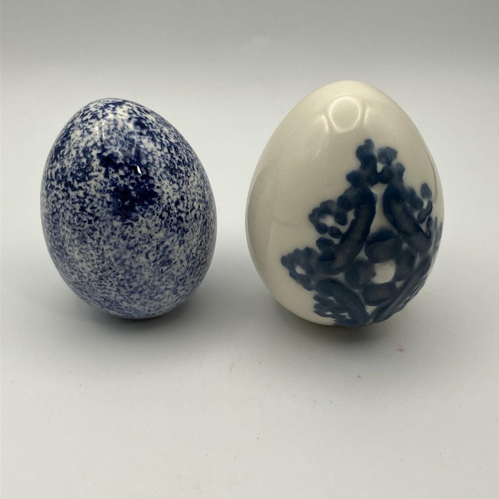 2 - Vintage 1990's Ceramic Hand Painted Easter Eggs / Blue & White Decorative
